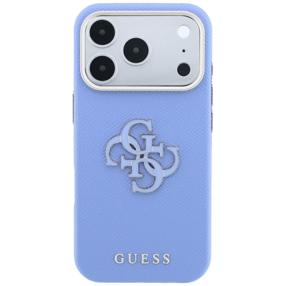 Coque pour Apple iPhone 18 Pro / 17 Pro, Guess, Grand Logo en Résine Grainée, Bleu