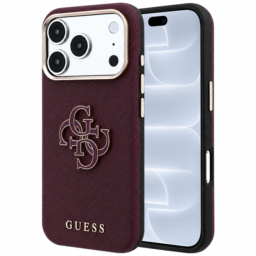Case for Apple iPhone 18 Pro / 17 Pro, Guess, Grained Big Resin Logo, Burgundy