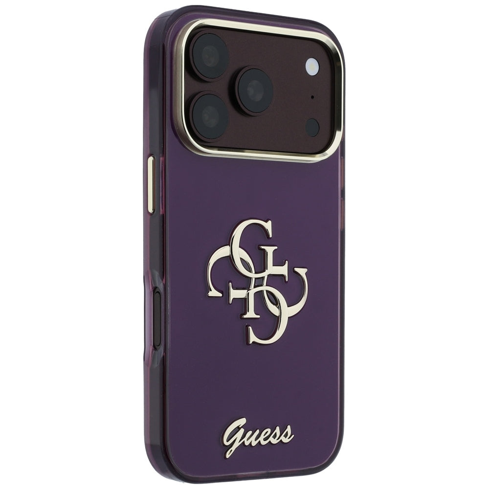 Coque pour Apple iPhone 18 Pro / 17 Pro, Guess, IML 4G Metal Script, Bordeaux