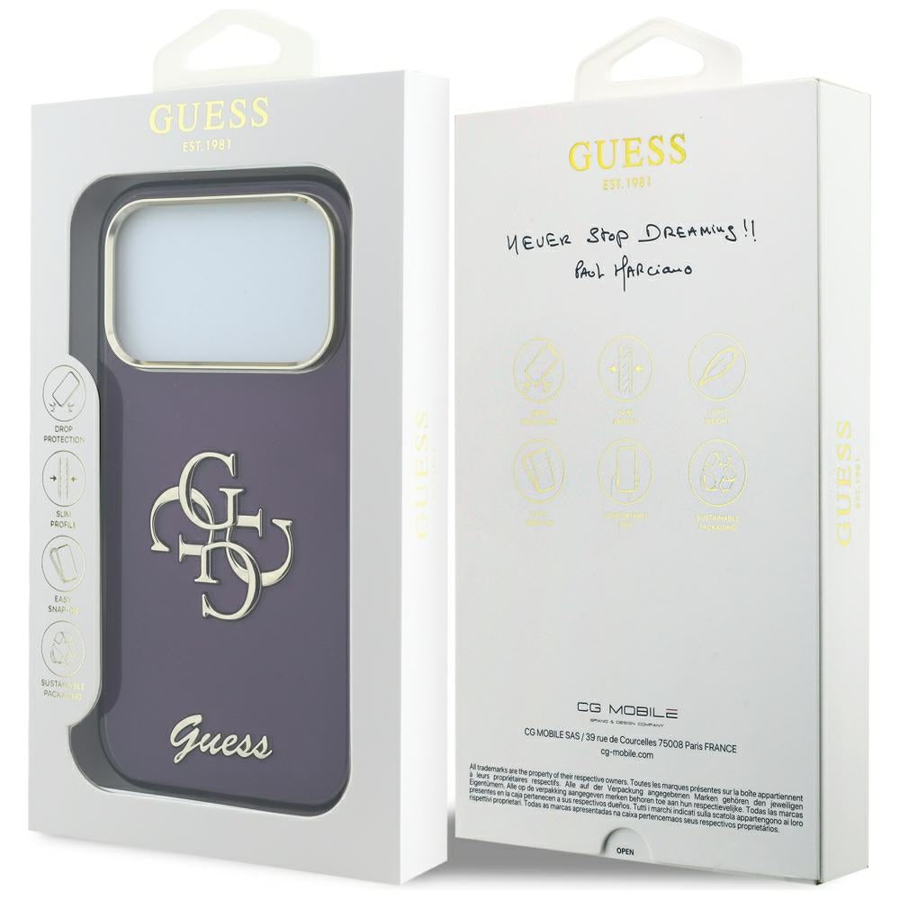 Coque pour Apple iPhone 18 Pro / 17 Pro, Guess, IML 4G Metal Script, Bordeaux