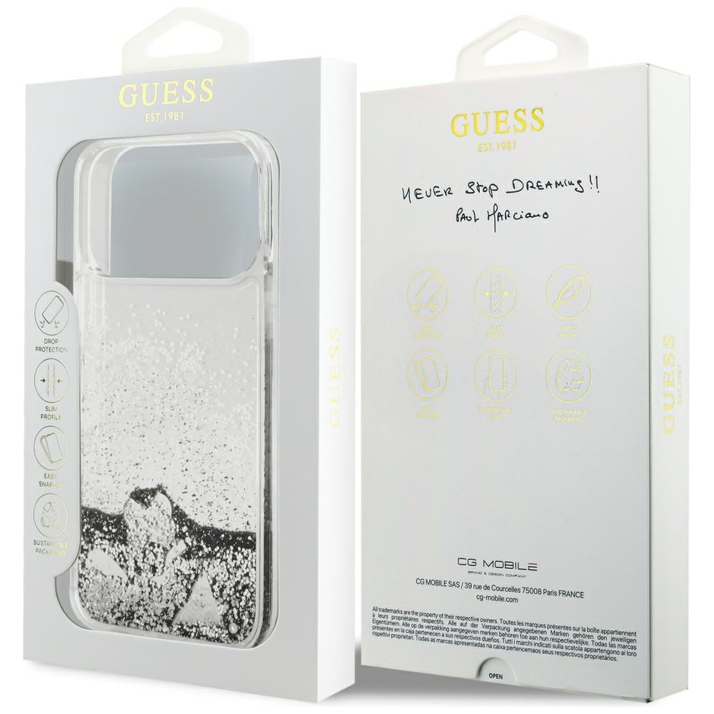 Coque pour Apple iPhone 18 Pro / 17 Pro, Guess, Liquid Glitter Charms, argentée