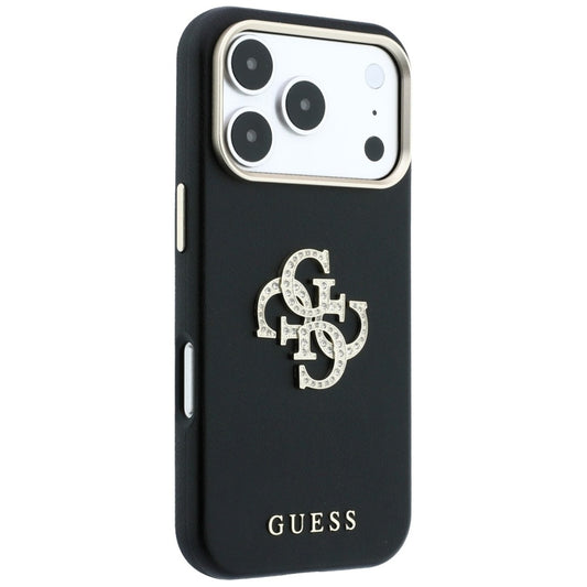 Coque pour Apple iPhone 18 Pro / 17 Pro, Guess, Logo Strass Lisse Grand, Noire