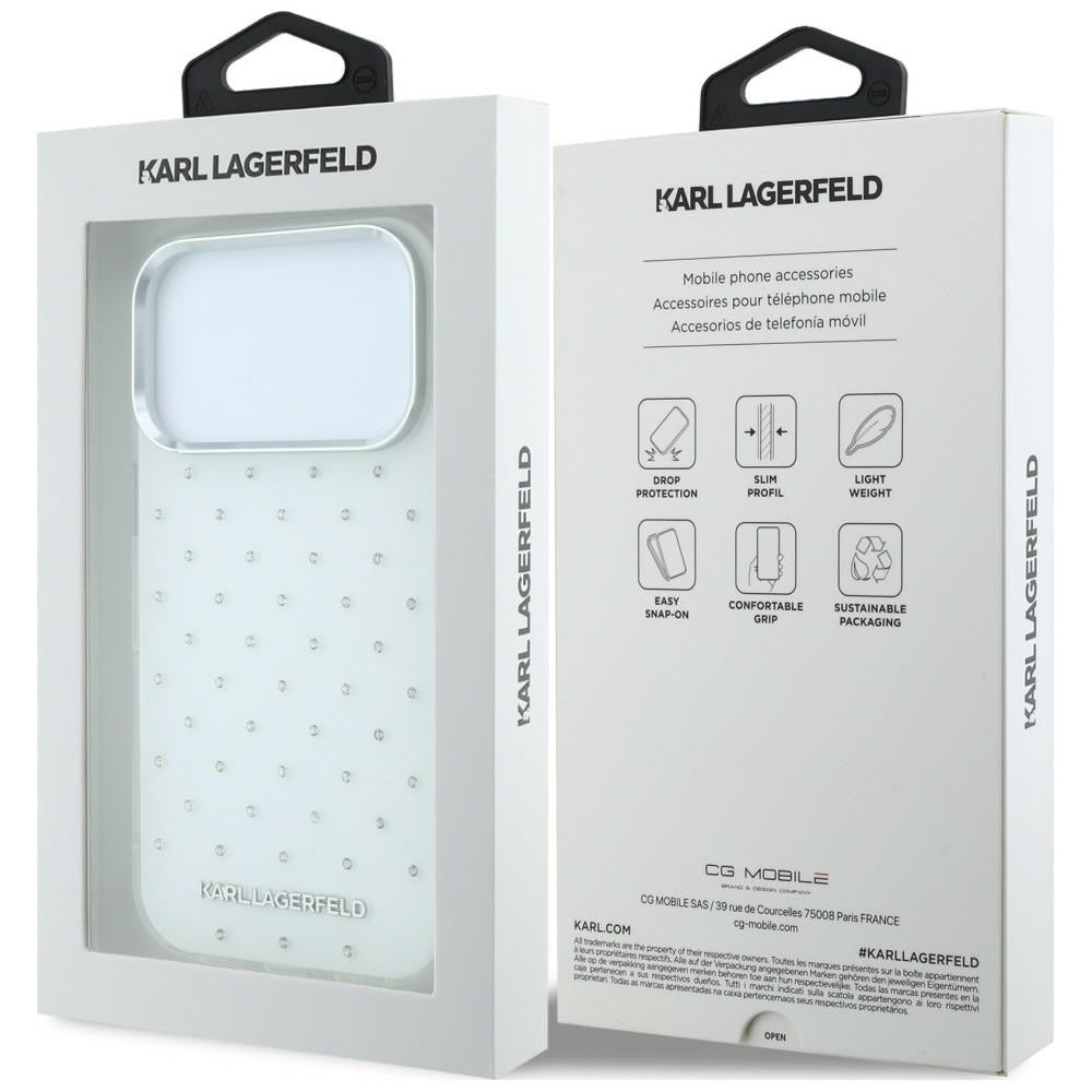 Coque pour Apple iPhone 18 Pro / 17 Pro, Karl Lagerfeld, IML Strass et Logo Électroplaqué, Blanc