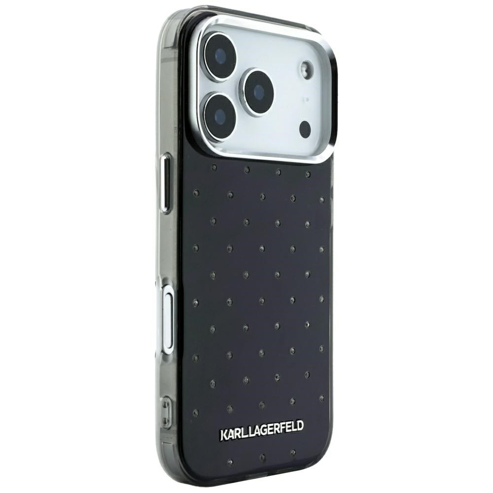 Coque pour Apple iPhone 18 Pro / 17 Pro, Karl Lagerfeld, IML Strass et Logo Électroplaqué, Noire