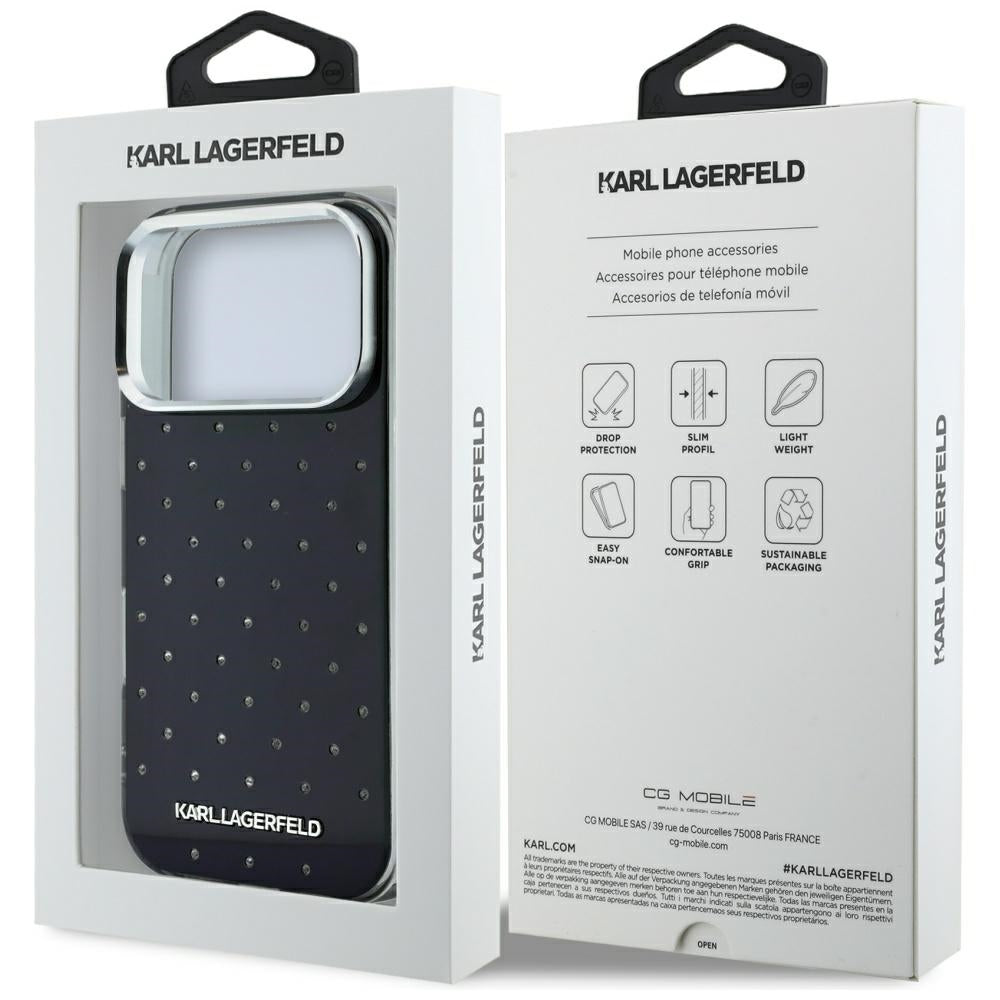 Coque pour Apple iPhone 18 Pro / 17 Pro, Karl Lagerfeld, IML Strass et Logo Électroplaqué, Noire
