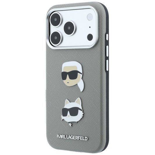 Coque pour Apple iPhone 18 Pro / 17 Pro, Karl Lagerfeld, Saffiano avec épingle représentant les têtes de Karl et Choupette et logo, grise