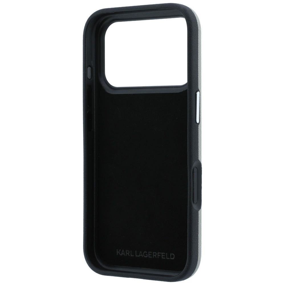 Coque pour Apple iPhone 18 Pro / 17 Pro, Karl Lagerfeld, Saffiano avec épingle représentant les têtes de Karl et Choupette et logo, grise