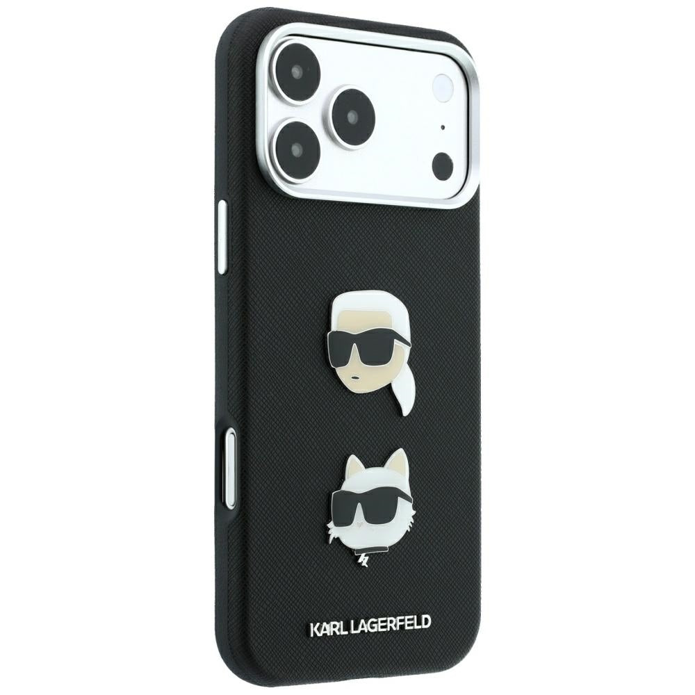 Coque pour Apple iPhone 18 Pro / 17 Pro, Karl Lagerfeld, Saffiano avec épingle représentant les têtes de Karl et Choupette et logo, noire