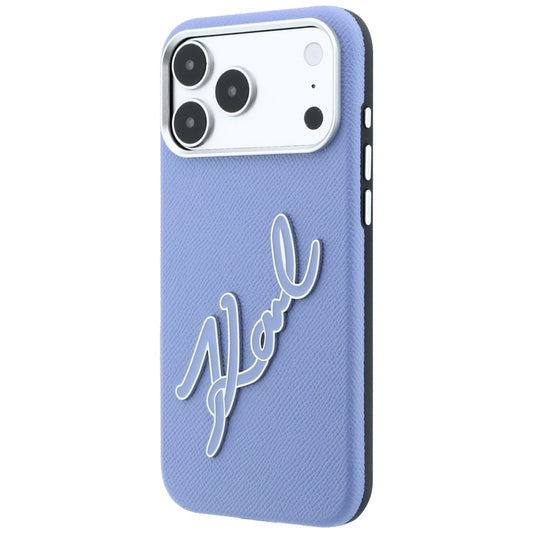 Coque pour Apple iPhone 18 Pro / 17 Pro, Karl Lagerfeld, Logo Signature en Résine Lisse et Grande, Bleu