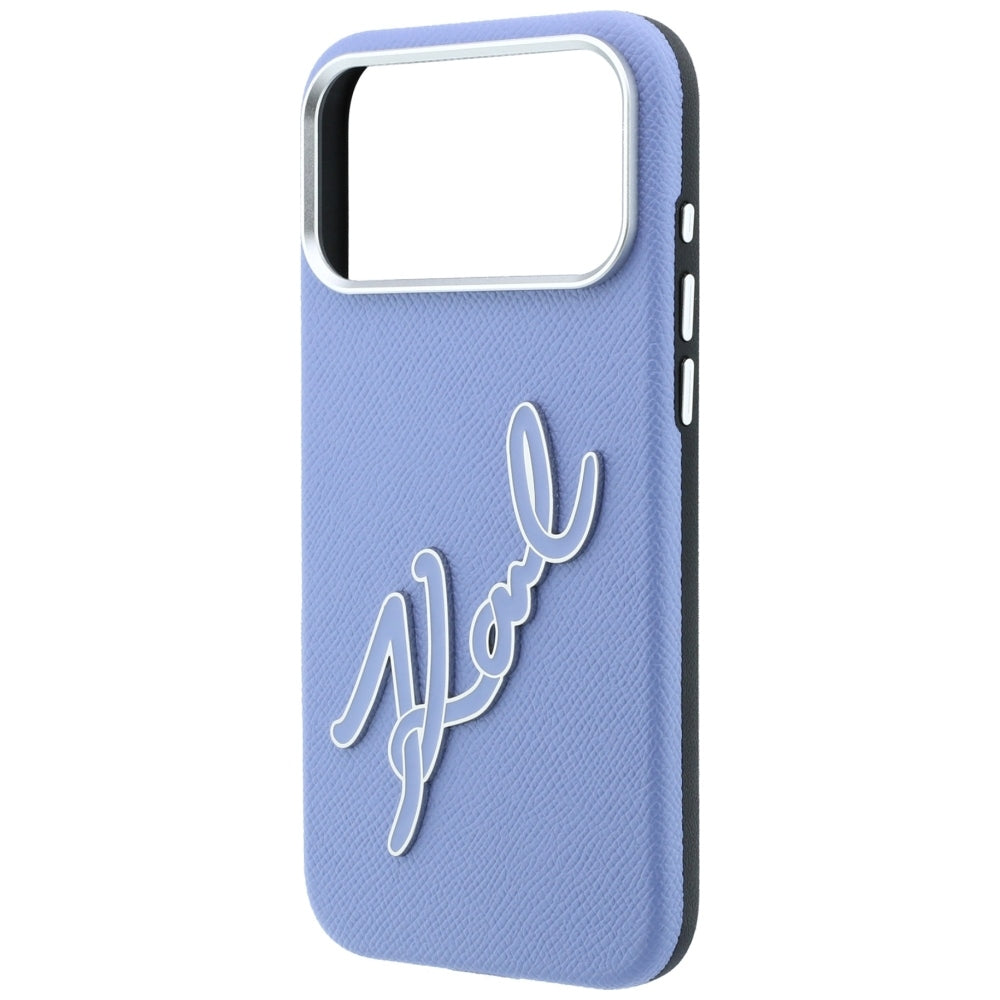 Coque pour Apple iPhone 18 Pro / 17 Pro, Karl Lagerfeld, Logo Signature en Résine Lisse et Grande, Bleu