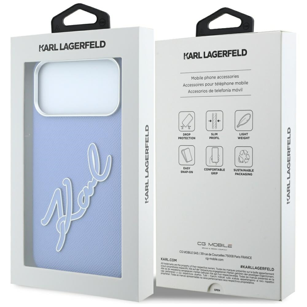 Coque pour Apple iPhone 18 Pro / 17 Pro, Karl Lagerfeld, Logo Signature en Résine Lisse et Grande, Bleu