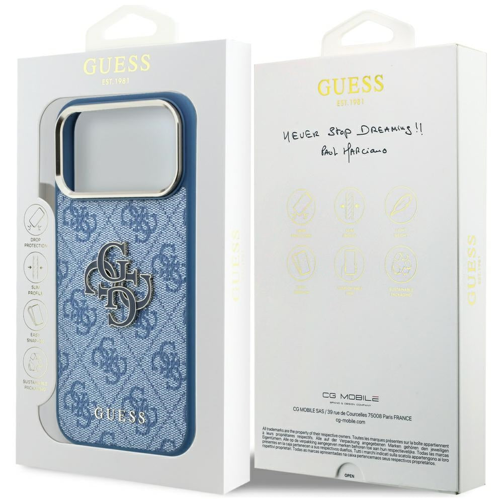 Coque pour Apple iPhone 18 Pro Max / 17 Pro Max, Guess, Logo Résine 4G Grand, Bleue