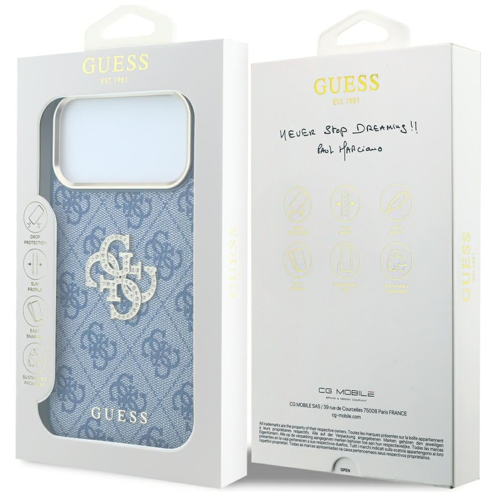Coque pour Apple iPhone 18 Pro Max / 17 Pro Max, Guess, 4G Big Strass Logo, Bleue