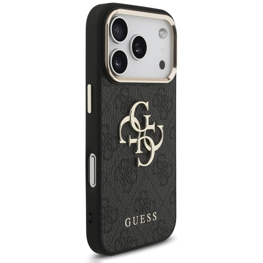 Coque pour Apple iPhone 18 Pro Max / 17 Pro Max, Guess, Logo Classique 4G avec Lanière, Noir Doré