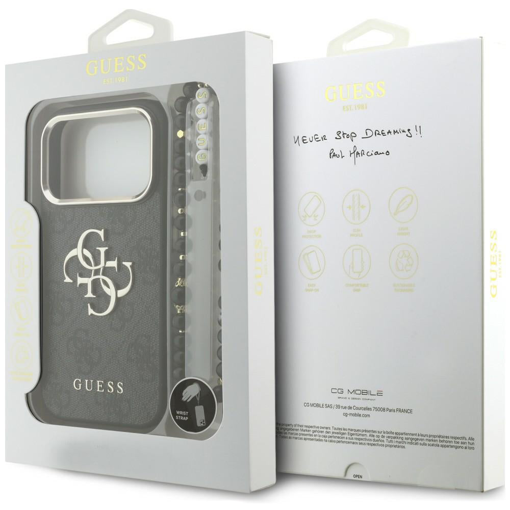 Coque pour Apple iPhone 18 Pro Max / 17 Pro Max, Guess, Logo Classique 4G avec Lanière, Noir Doré
