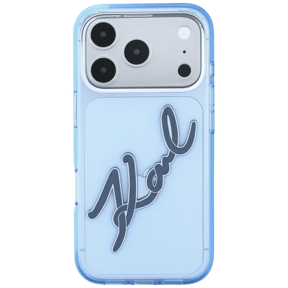 Coque pour Apple iPhone 18 Pro Max / 17 Pro Max, Karl Lagerfeld, IML Big Signature Résine Logo Cadre Métallique, Bleue