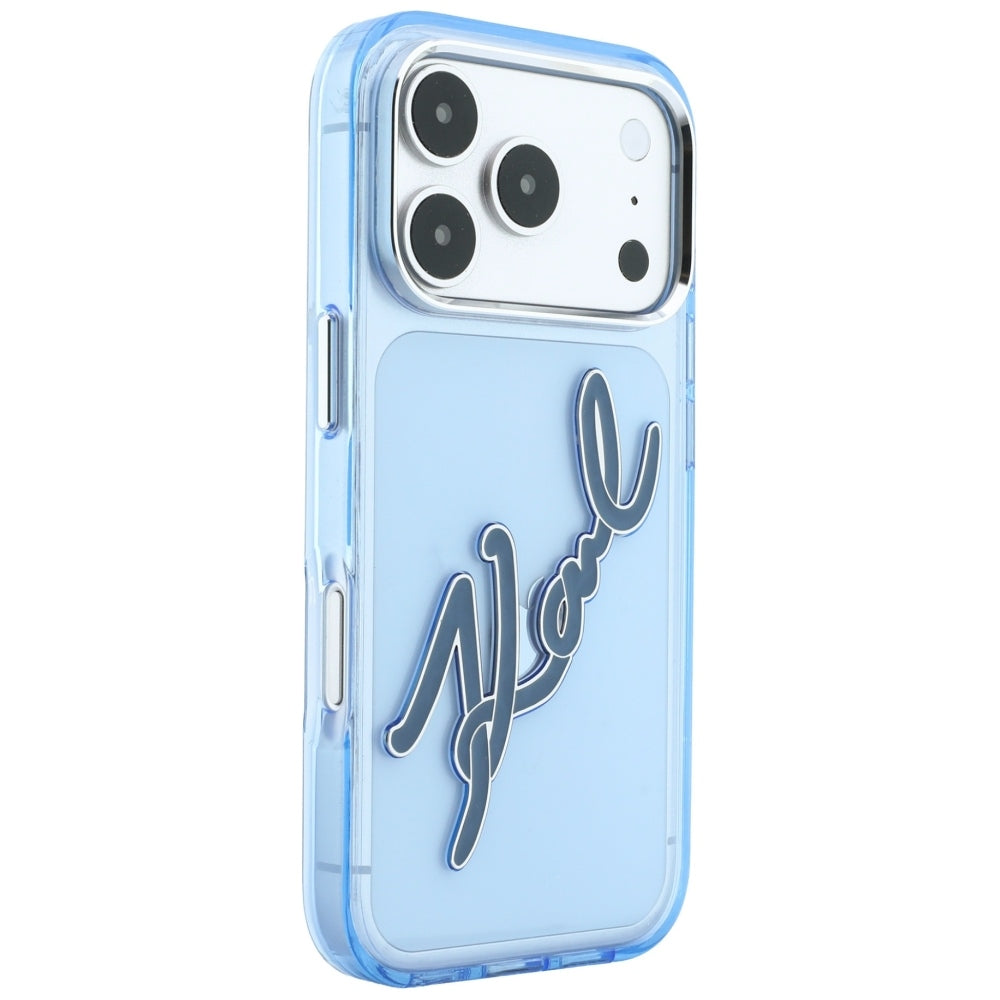 Coque pour Apple iPhone 18 Pro Max / 17 Pro Max, Karl Lagerfeld, IML Big Signature Résine Logo Cadre Métallique, Bleue