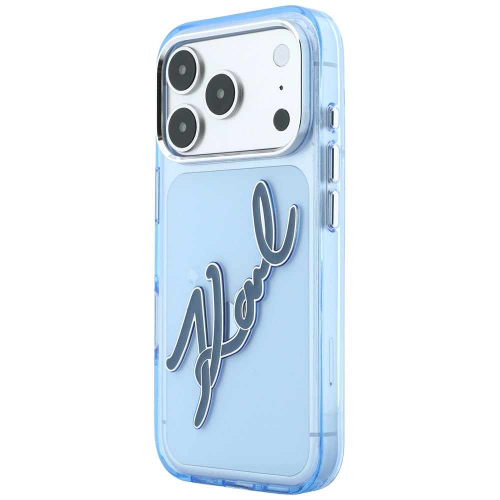 Coque pour Apple iPhone 18 Pro Max / 17 Pro Max, Karl Lagerfeld, IML Big Signature Résine Logo Cadre Métallique, Bleue
