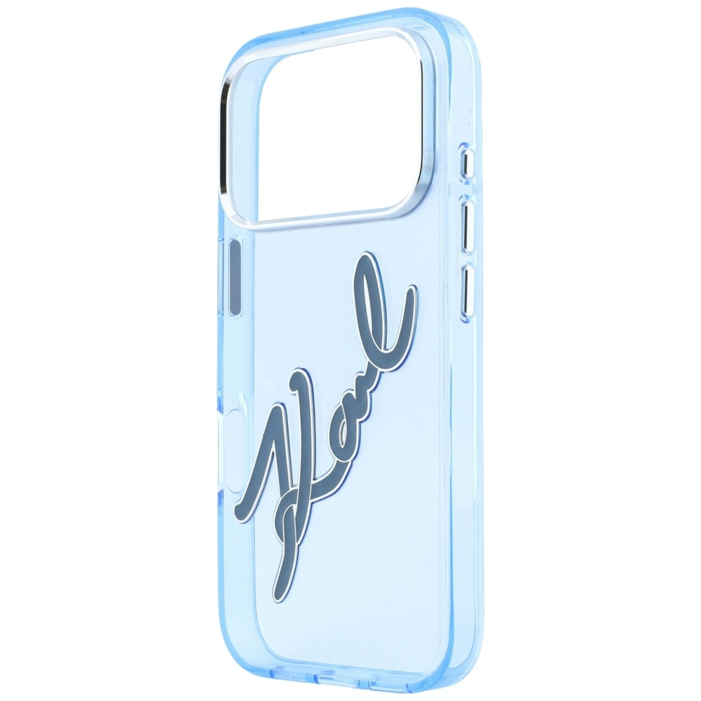 Coque pour Apple iPhone 18 Pro Max / 17 Pro Max, Karl Lagerfeld, IML Big Signature Résine Logo Cadre Métallique, Bleue