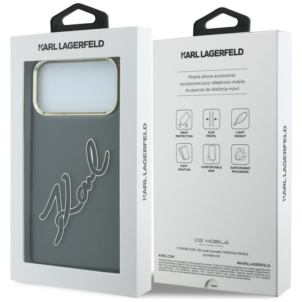 Coque pour Apple iPhone 18 Pro Max / 17 Pro Max, Karl Lagerfeld, IML Grand Logo Signature en Résine avec Cadre Métallique, Noire