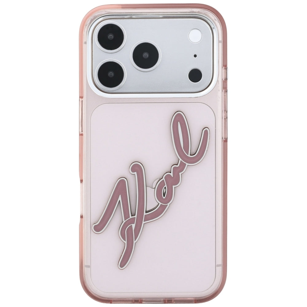Coque pour Apple iPhone 18 Pro Max / 17 Pro Max, Karl Lagerfeld, IML Grand Logo Signature Résine Cadre Métallique, Rose