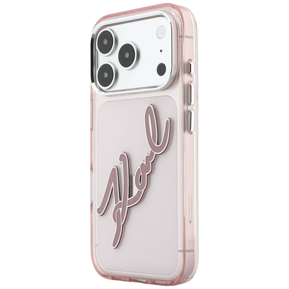 Coque pour Apple iPhone 18 Pro Max / 17 Pro Max, Karl Lagerfeld, IML Grand Logo Signature Résine Cadre Métallique, Rose