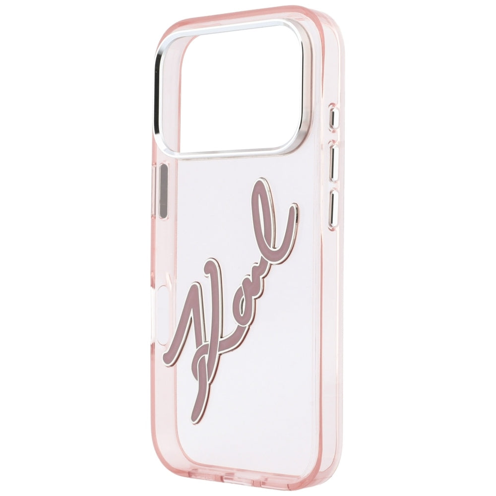 Coque pour Apple iPhone 18 Pro Max / 17 Pro Max, Karl Lagerfeld, IML Grand Logo Signature Résine Cadre Métallique, Rose