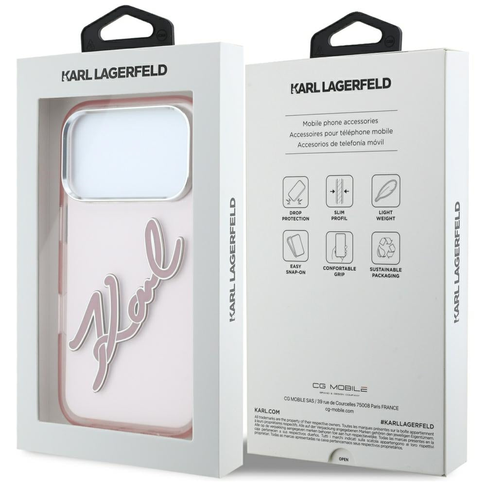 Coque pour Apple iPhone 18 Pro Max / 17 Pro Max, Karl Lagerfeld, IML Grand Logo Signature Résine Cadre Métallique, Rose