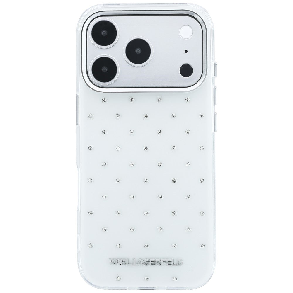 Coque pour Apple iPhone 18 Pro Max / 17 Pro Max, Karl Lagerfeld, Strass IML et Logo Électroplaqué, Blanc