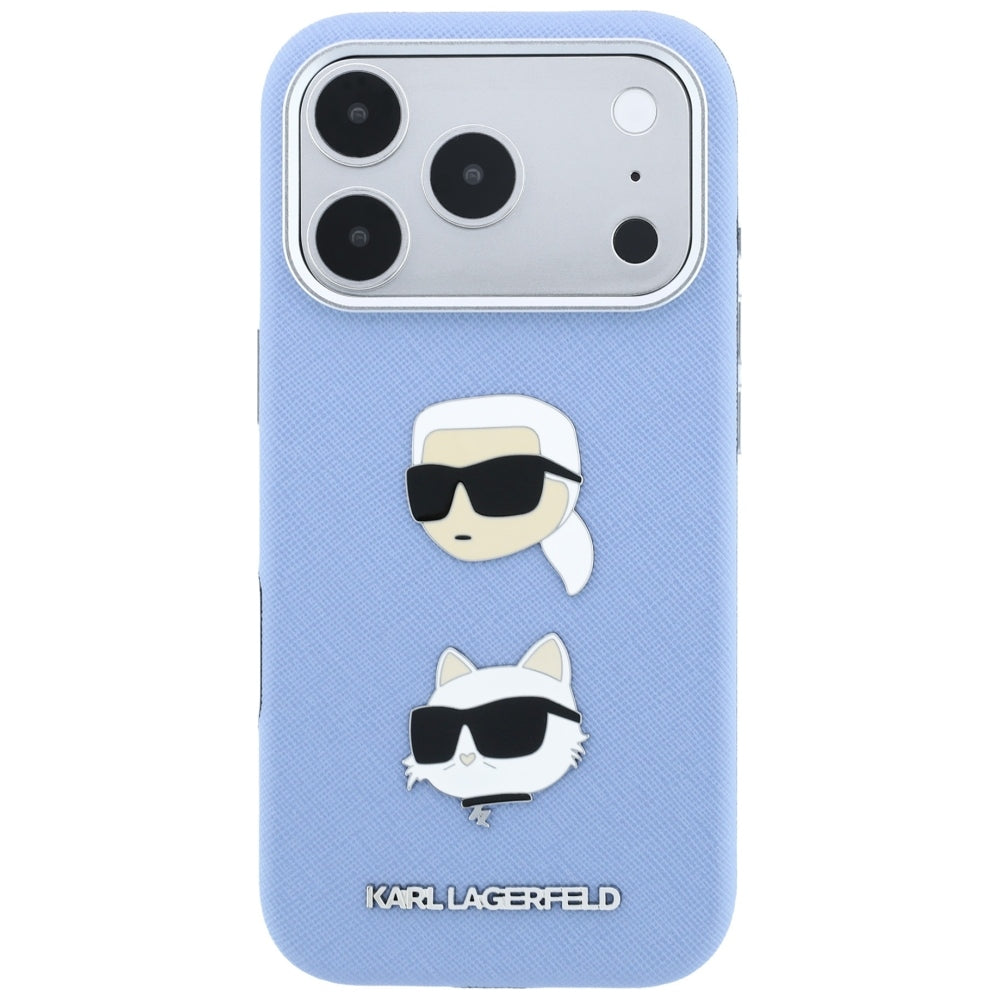 Coque pour Apple iPhone 18 Pro Max / 17 Pro Max, Karl Lagerfeld, Saffiano avec épingle tête Karl & Choupette et logo, Bleu