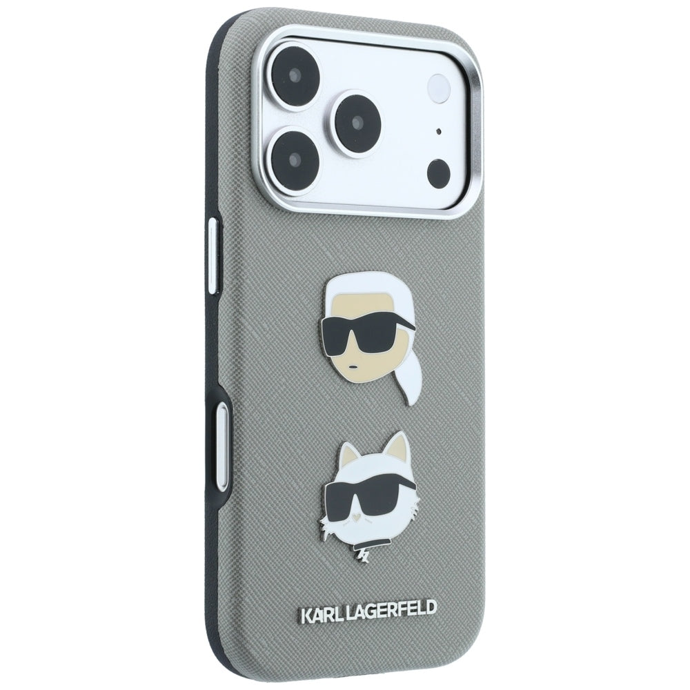 Case for Apple iPhone 18 Pro Max / 17 Pro Max, Karl Lagerfeld, Saffiano with Karl & Choupette Head's Pin and Logo, Gray