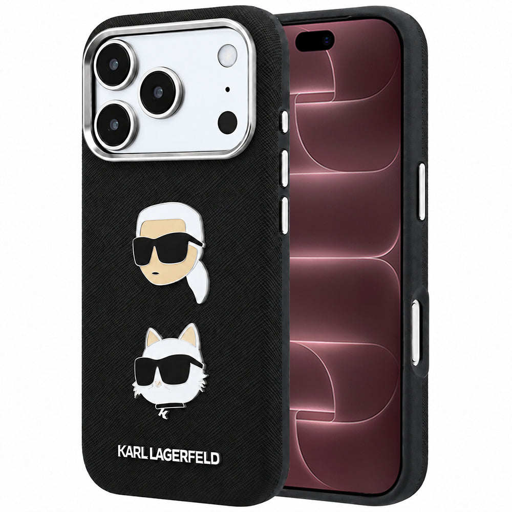 Coque pour Apple iPhone 18 Pro Max / 17 Pro Max, Karl Lagerfeld, Saffiano avec épingle tête Karl & Choupette et logo, noire
