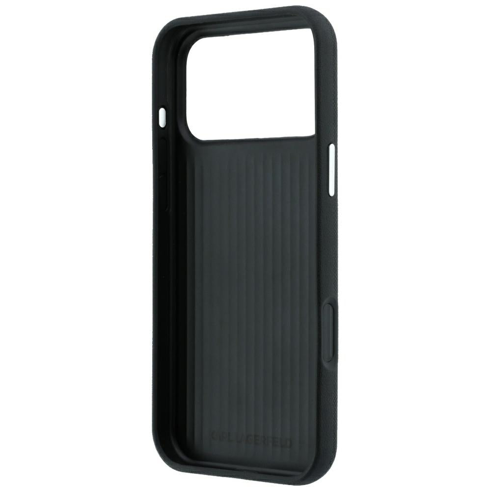Coque pour Apple iPhone 18 Pro Max / 17 Pro Max, Karl Lagerfeld, Saffiano avec épingle tête Karl & Choupette et logo, noire