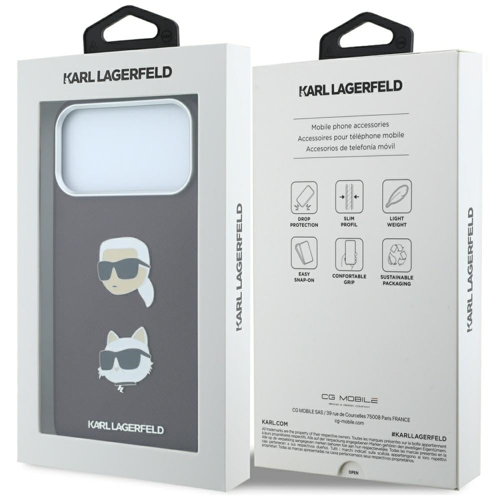 Case for Apple iPhone 18 Pro Max / 17 Pro Max, Karl Lagerfeld, Saffiano with Karl & Choupette Head's Pin and Logo, Burgundy