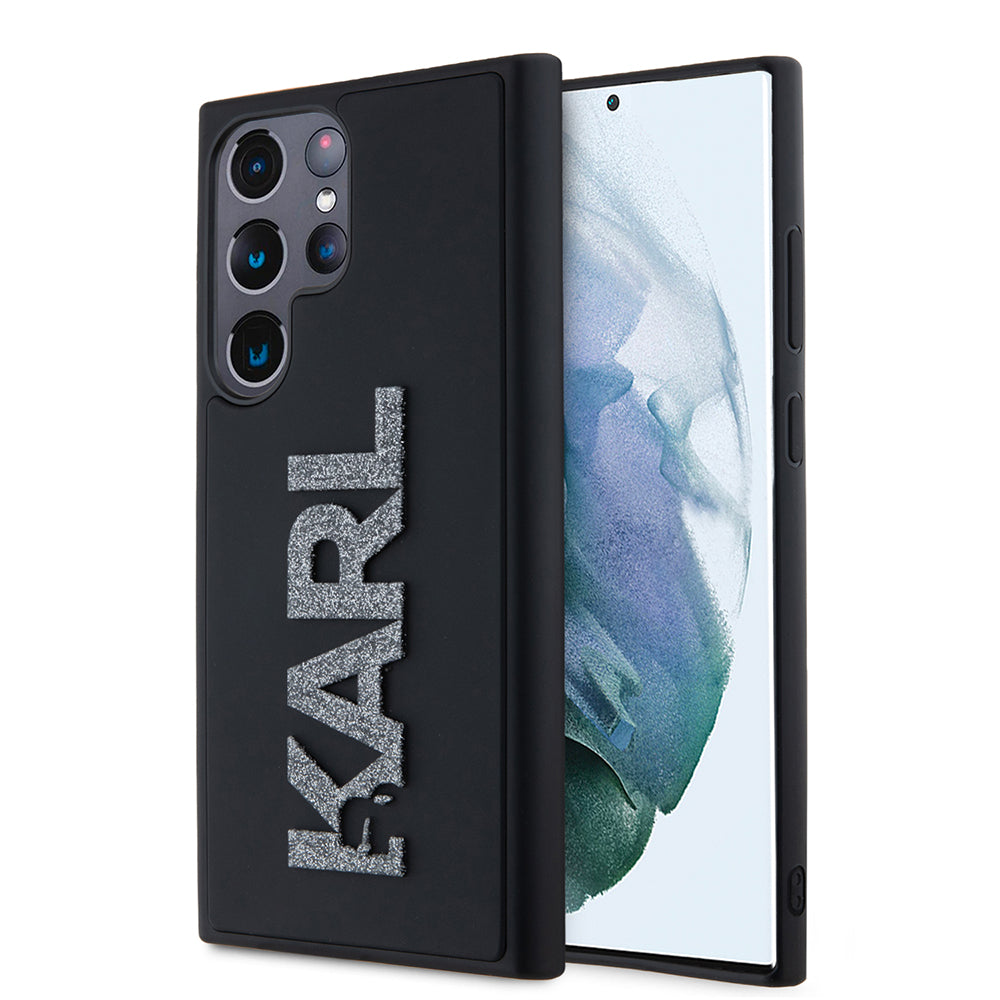 Étui pour Samsung Galaxy S23 Ultra S918, Karl Lagerfeld, Logo Pailleté en Caoutchouc 3D, Noir