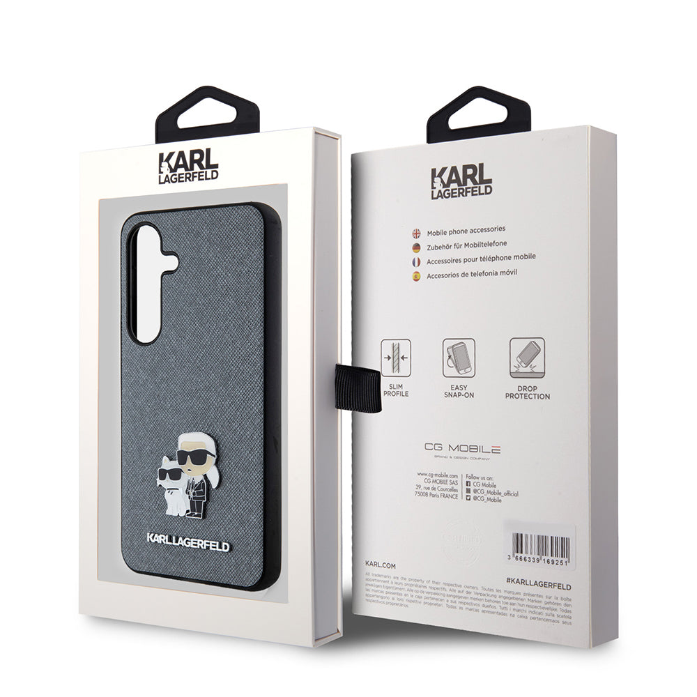 Étui pour Samsung Galaxy S24 S921, Karl Lagerfeld, Saffiano Karl & Choupette Metal, Gris