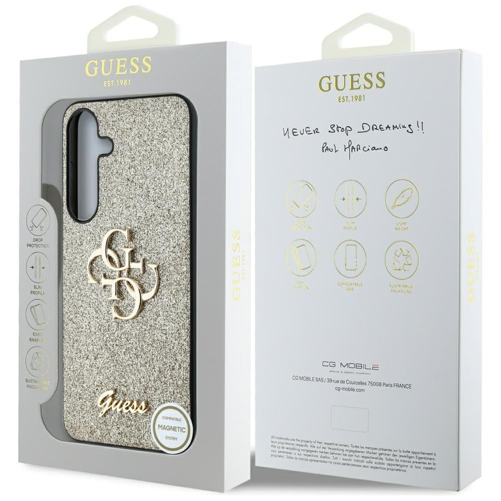 Étui pour Samsung Galaxy S25 S931, Guess, Glitter Big 4G Script, Doré
