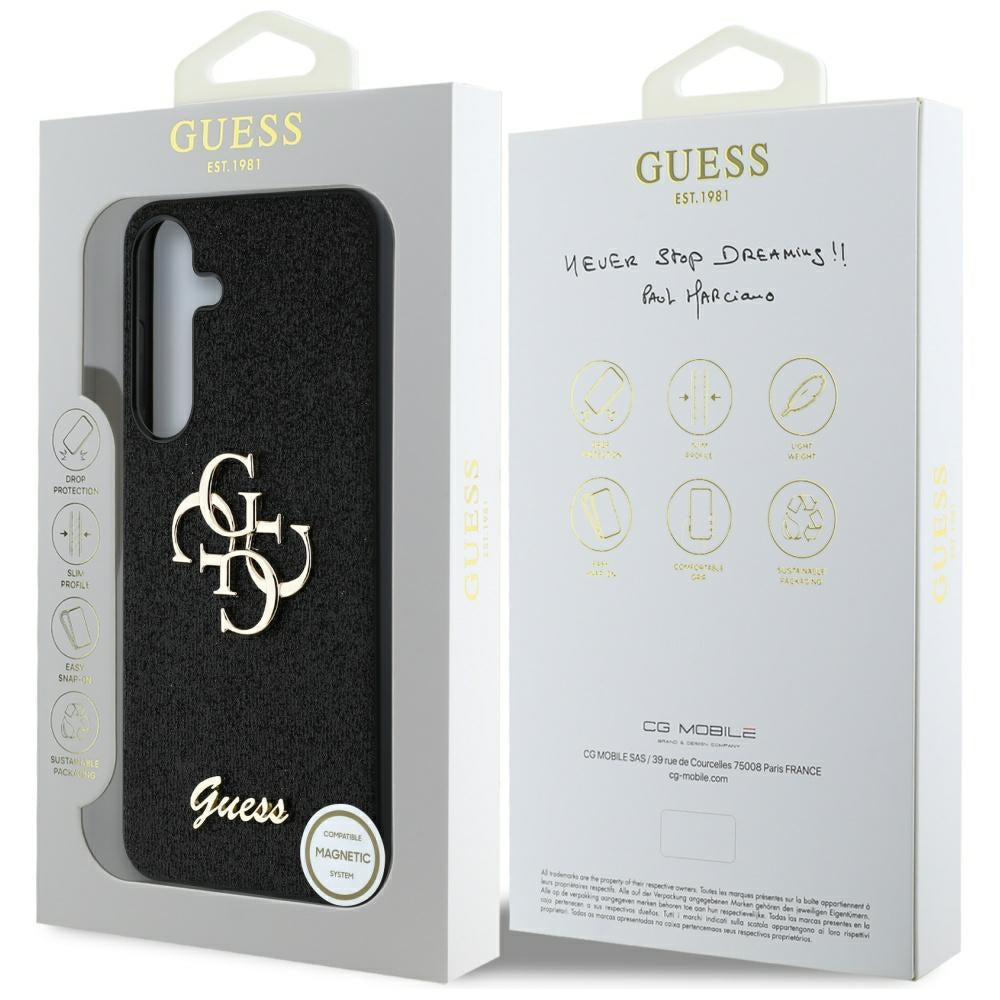 Étui pour Samsung Galaxy S25 S931, Guess, Glitter Big 4G Script, Noir