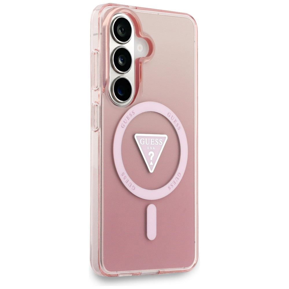 Coque MagSafe pour Samsung Galaxy S26 S942, Guess, logo triangle dégradé IML, Rose