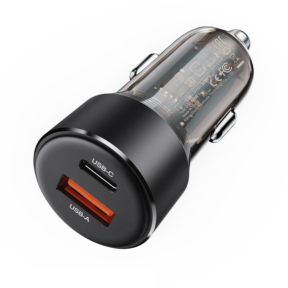 Chargeur de voiture Acefast B12, 60W, 3A, 1 x USB-A - 1 x USB-C, Noir