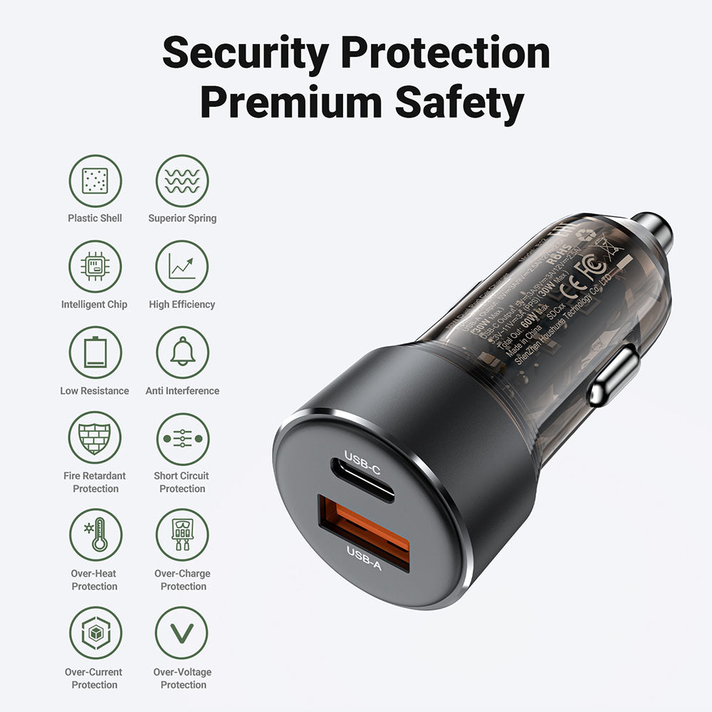 Chargeur de voiture Acefast B12, 60W, 3A, 1 x USB-A - 1 x USB-C, Noir