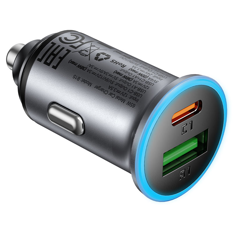 Chargeur de voiture Acefast B15, 65W, 3.25A, 1 X USB-A - 1 x USB-C, Gris