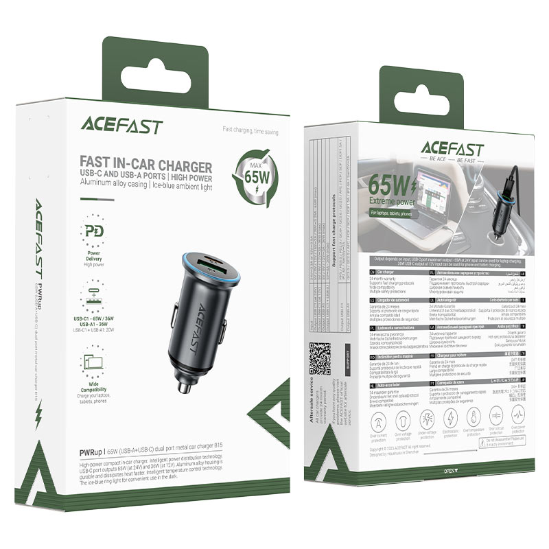 Chargeur de voiture Acefast B15, 65W, 3.25A, 1 X USB-A - 1 x USB-C, Gris