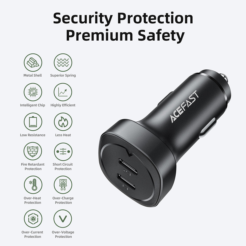 Acefast B2 Car Charger, 72W, 3A, 2 x USB-C, Black
