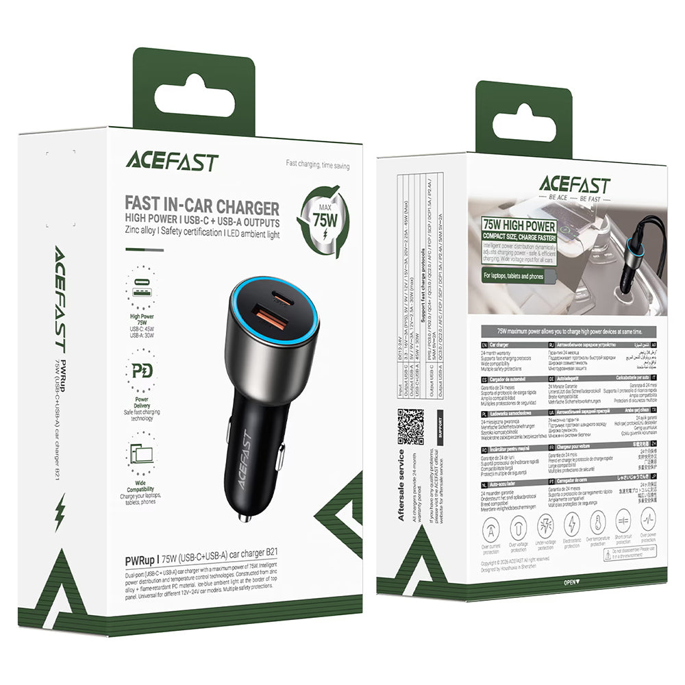 Chargeur Auto Acefast B21, 75W, 3A, 1 x USB-A - 1 x USB-C, Gris