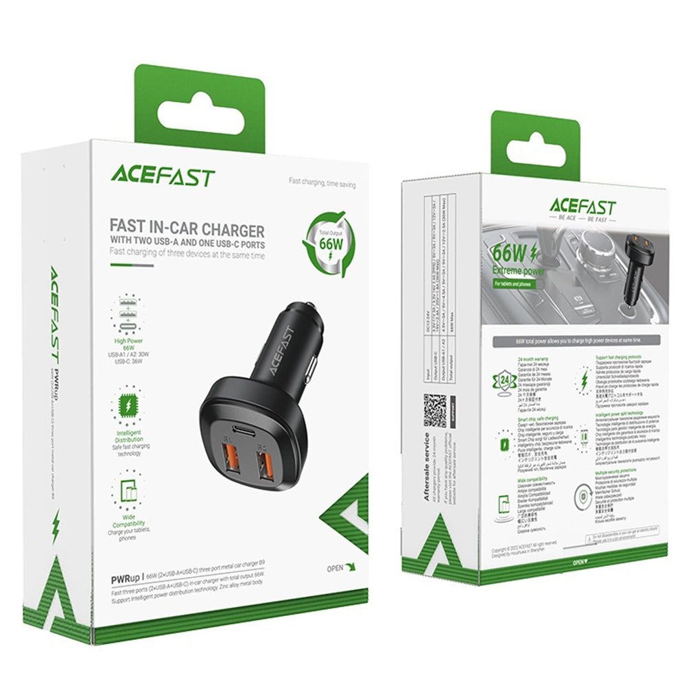 Chargeur de voiture Acefast B9, 66W, 5A, 2 x USB-A - 1 x USB-C, Noir