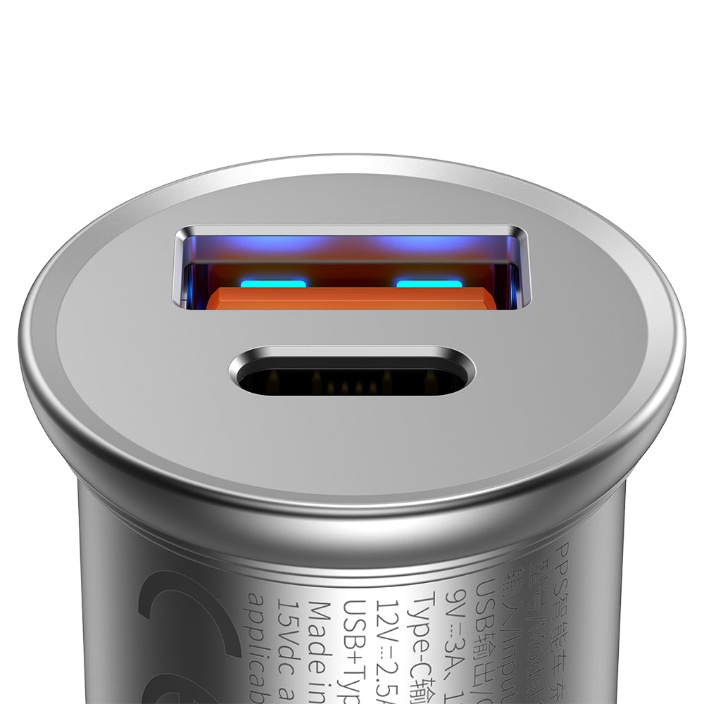 Baseus Circular Metal Car Charger, 30W, 5A, 1 x USB-A - 1 x USB-C, Gray