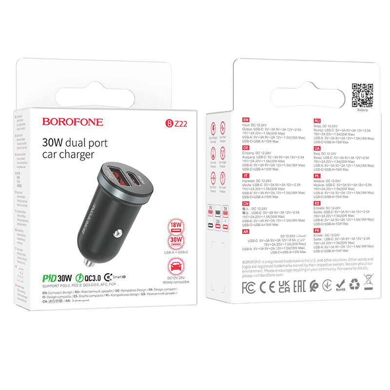 Chargeur de voiture Borofone BZ22 Scenery, 30W, 3A, 1 x USB-A - 1 x USB-C, Noir