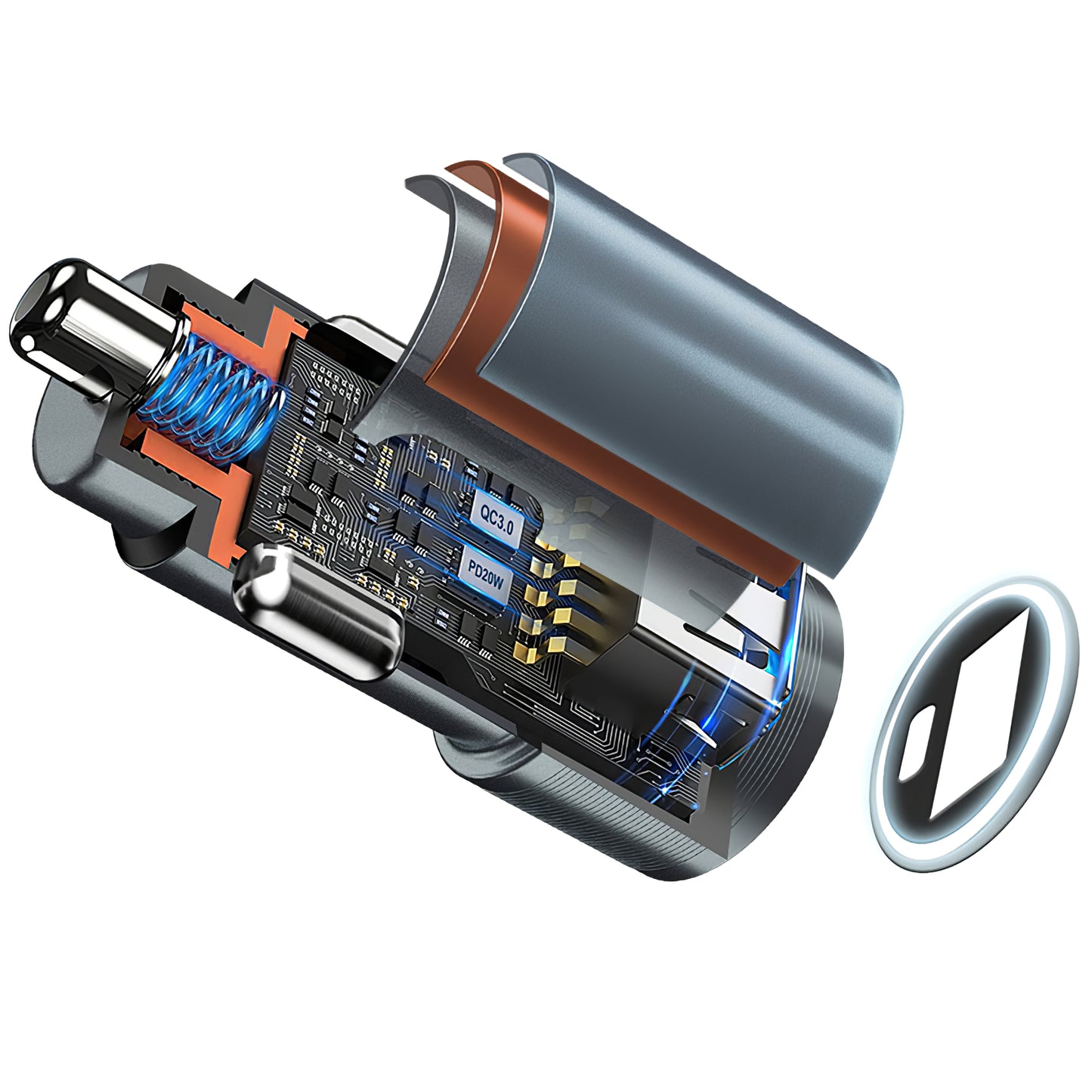 Chargeur de voiture BWOO BO-CC73, 38W, 3A, 1 x USB-A - 1 x USB-C, Argent