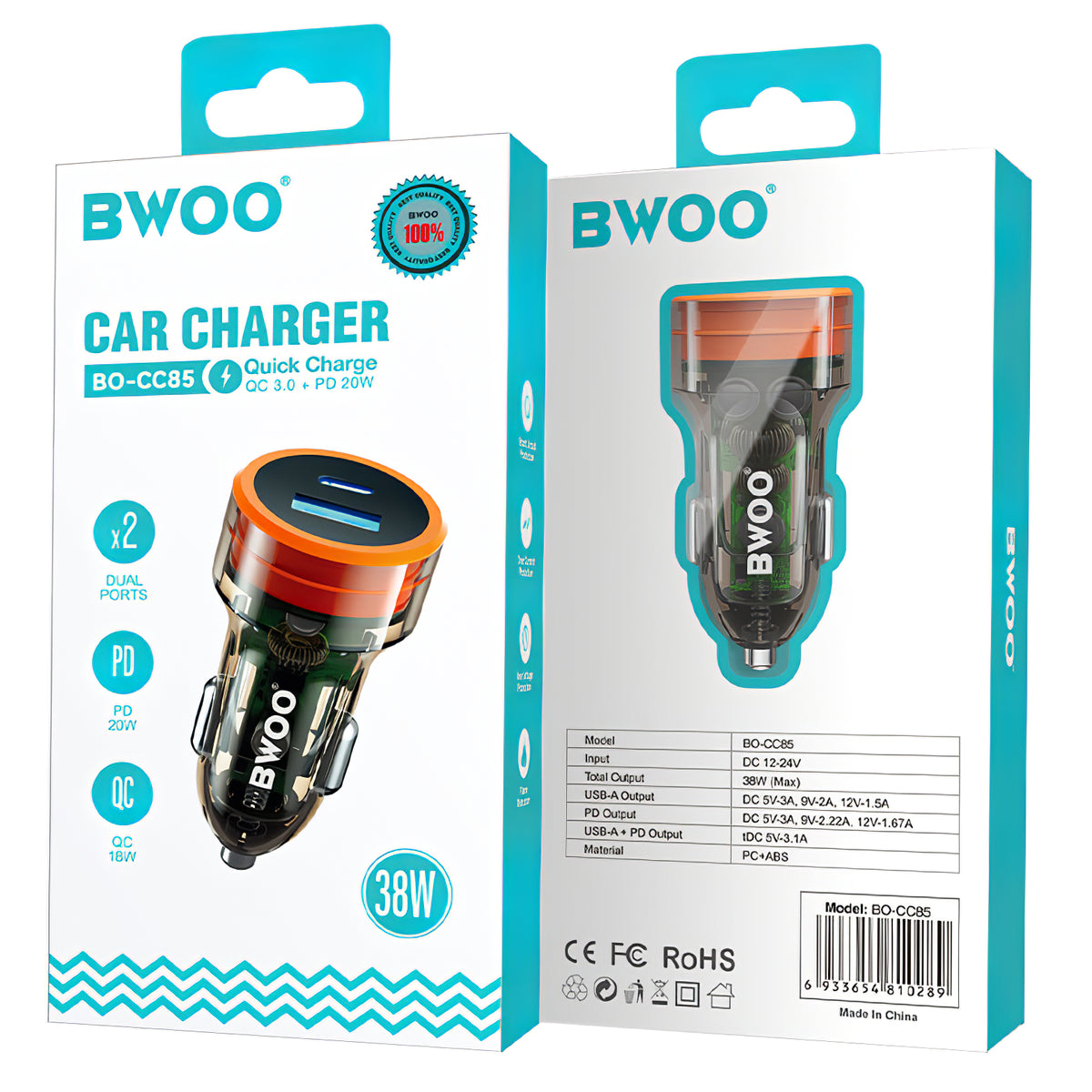 Chargeur de voiture BWOO BO-CC85, 38W, 3A, 1 x USB-A - 1 x USB-C, Noir